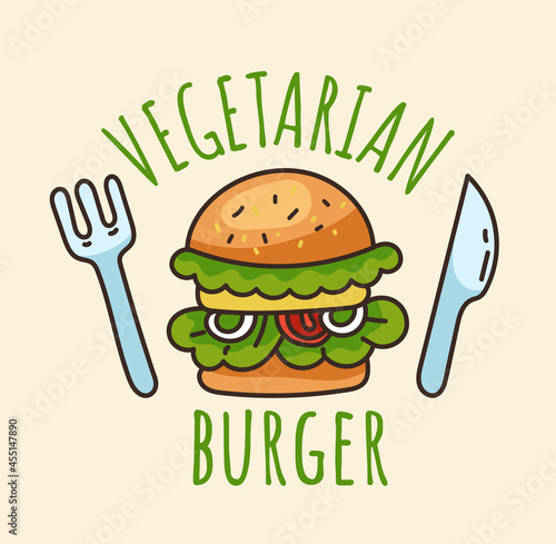 Vegetarian burger logo sticker design concept. Vector flat cartoon graphic design illustration