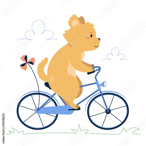 A dog on a bike. Cute animal character vector illustration.