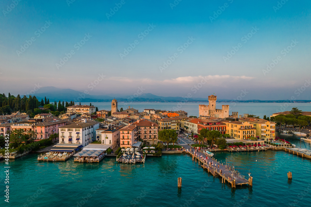 Aerial panoramic view of Sirmione city on lake Garda in Lombardy, Italy