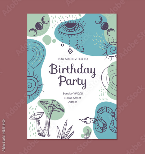 Boho style birthday invitation template graphic design illustration