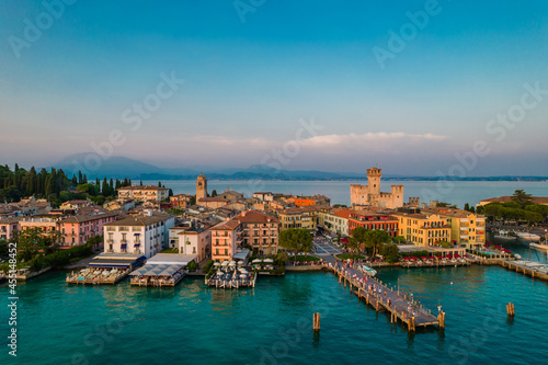 Aerial panoramic view of Sirmione city on lake Garda in Lombardy, Italy