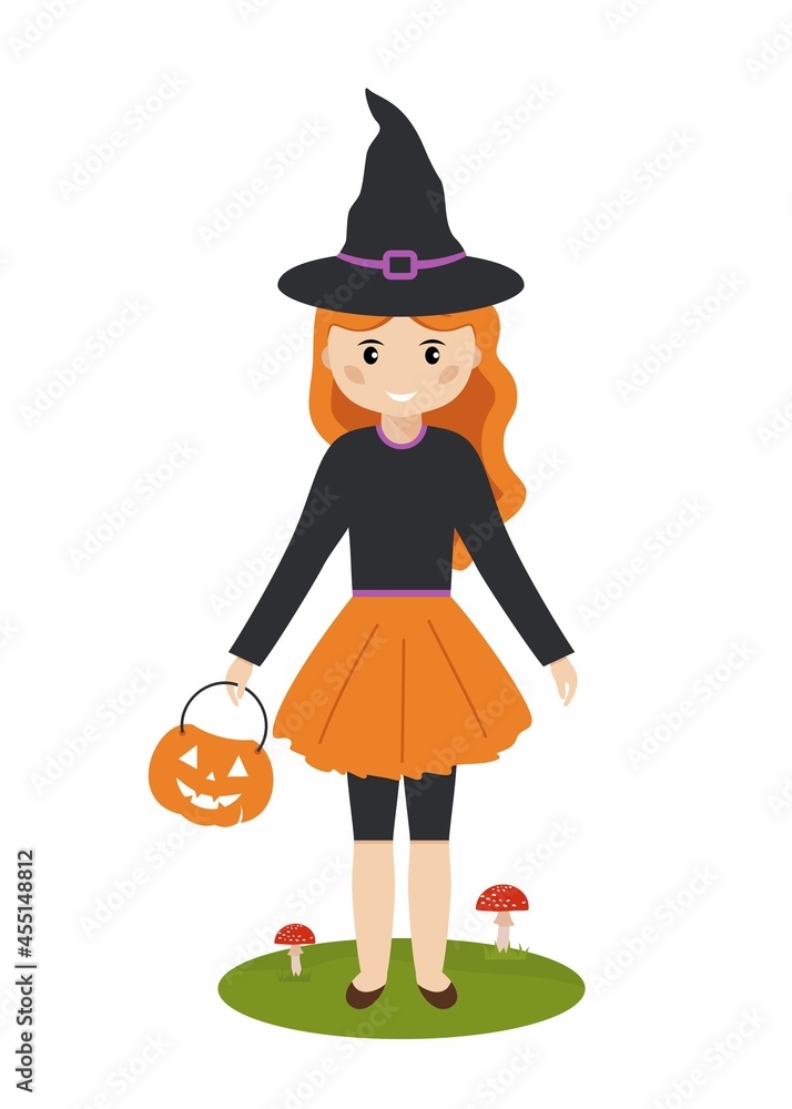 Halloween kids. Beautiful girl in witch hat with pumpkin candy bucket. Cute child sorceress and red mushrooms. Halloween kids. Beautiful girl in witch hat with pumpkin candy bucket. Cute child sorceress and red mushrooms.