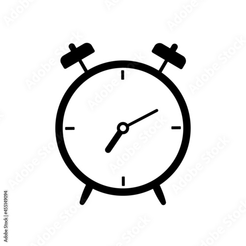 Alarm clock vector icon isolated on white background. Wake up in the morning. Watch time symbol. Simple line style. Clock pictogram. Black silhouette illustration in flat style