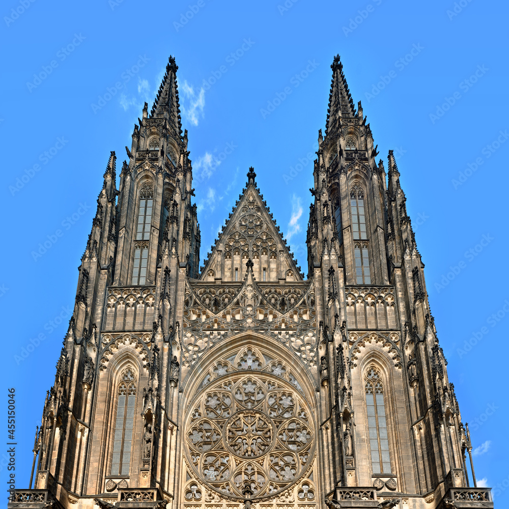 Perspective view of St. Vitus Cathedral façade fragment on a sky background, Prague, Czech Republic