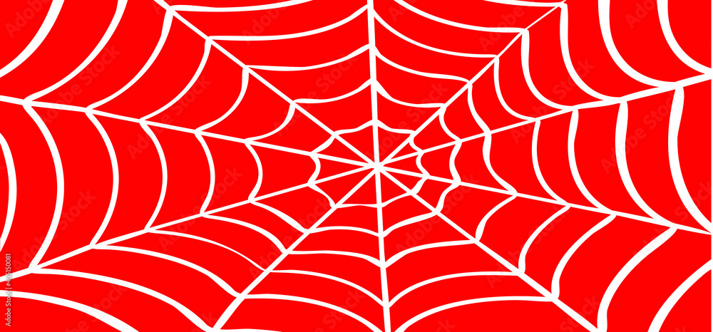Naklejka premium White Cobweb, red background. Vector Spider happy halloween party day logo. Creepy horror insect hush dia 31 october fest. line pattern.