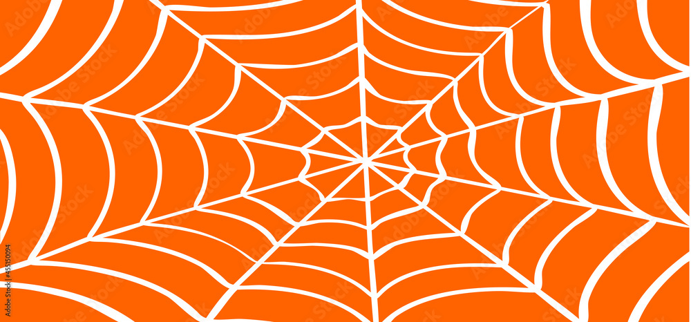 Obraz premium White Cobweb, orange background. Vector Spider happy halloween party day logo. Creepy horror insect hush dia 31 october fest. line pattern.