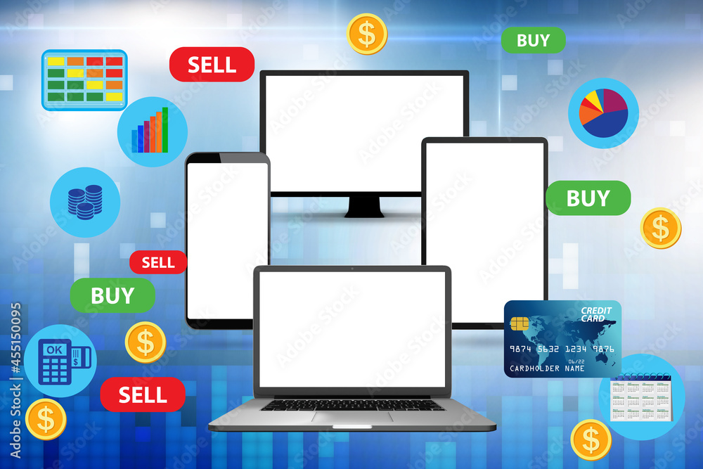 Online currency trading concept with various devices Online currency trading concept with various devices