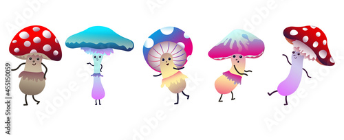  Set of funny psychedelic mushrooms in different poses. Dancing poisonous funny mushrooms