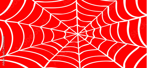 White Cobweb, red background. Vector Spider happy halloween party day logo. Creepy horror insect hush dia 31 october fest. line pattern.