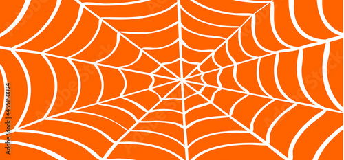 White Cobweb, orange background. Vector Spider happy halloween party day logo. Creepy horror insect hush dia 31 october fest. line pattern.