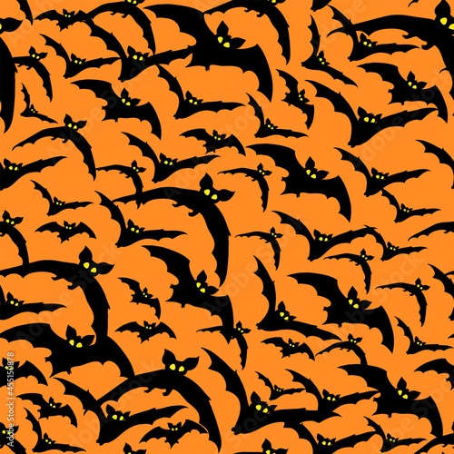 Vector Seamless Pattern with flying black bats on orange background