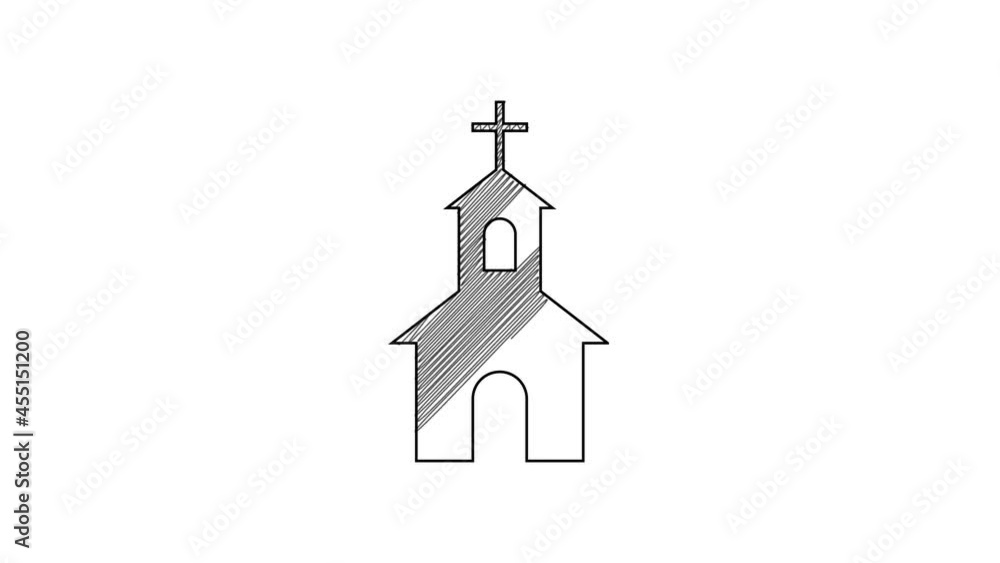 Black line Church building icon isolated on white background. Christian Church. Religion of church. 4K Video motion graphic animation Black line Church building icon isolated on white background. Christian Church. Religion of church. 4K Video motion graphic animation