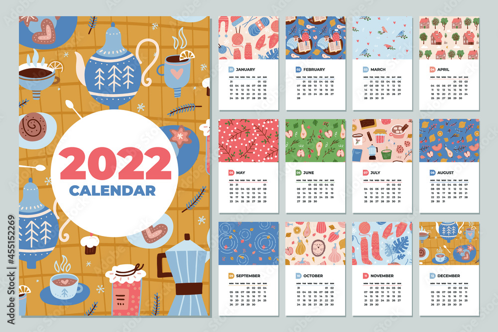 Calendar 2022. Fun, cozy and cute monthly calendar vector template with hand drawn hygge cups, desserts and seasonal elements. Flat vector illustration.