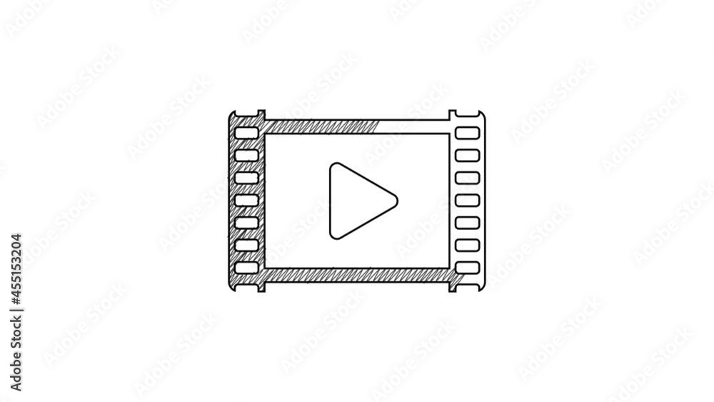 Black line Play Video icon isolated on white background. Film strip with play sign. 4K Video motion graphic animation Black line Play Video icon isolated on white background. Film strip with play sign. 4K Video motion graphic animation