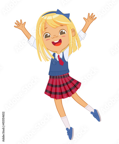 Happy blonde European schoolgirl wearing school uniform jumping rejoicing having fun vector flat illustration. Smiling primary pupil female kid in trendy outfit with striped skirt and red tie isolated