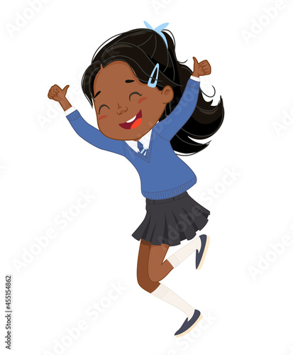 Adorable happy dark skin elementary schoolgirl jumping rejoicing with cool thumbs up gesture vector flat illustration. Smiling Asian African brunette little pupil in school uniform having fun isolated