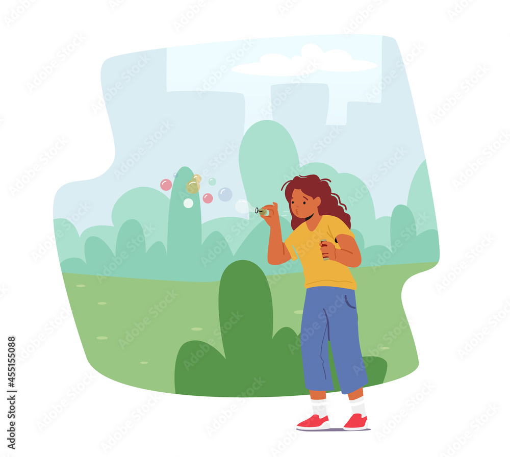 Kids Water Game on Summer Vacation or Holidays. Little Girl Blow Soap Bubbles in City Park. Child Playing on Street Kids Water Game on Summer Vacation or Holidays. Little Girl Blow Soap Bubbles in City Park. Child Playing on Street