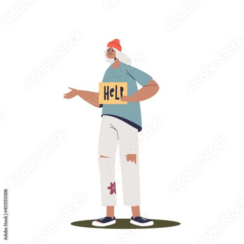 Poor homeless woman begging money hold placard with help and open arm palm. Jobless female need food