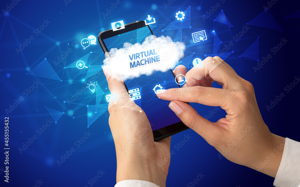 Hand using smartphone with cloud technology concept Hand using smartphone with cloud technology concept