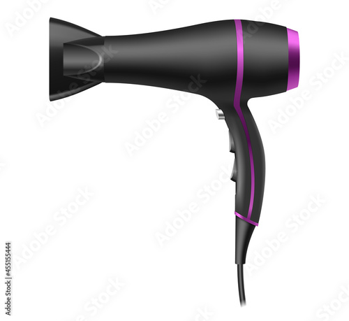 Realistic hairdryer for hairdresser salon, barbershop. Electric barber tool for drying hair, hairdo