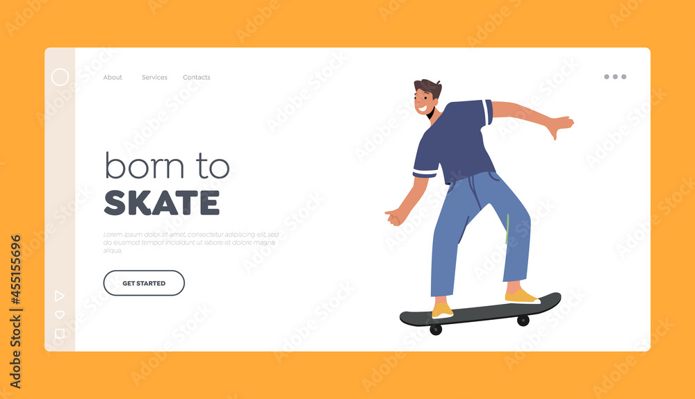 Skateboarding Extreme Sport Landing Page Template. Teen in Skate Park or Rollerdrome Perform Skateboard Jumping Stunts