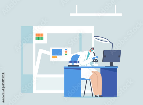 Male Scientist Character Working in Chemistry Lab with Medical Equipment Looking in Electronic Microscope  Research