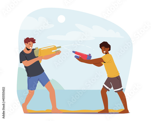 Happy Boys Summer Game, Teens Playing, Shooting with Water Guns in Hot Weather. Children Friends Characters Splashing