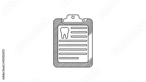 Black line Clipboard with dental card or patient medical records icon isolated on white background. Dental insurance. Dental clinic report. 4K Video motion graphic animation