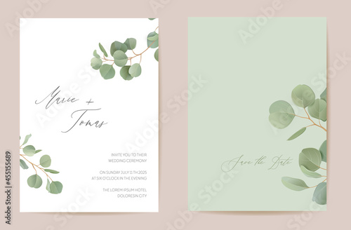 Wedding eucalyptus, green leaf branches floral Save the Date set. Vector realistic leaves greenery boho invitation