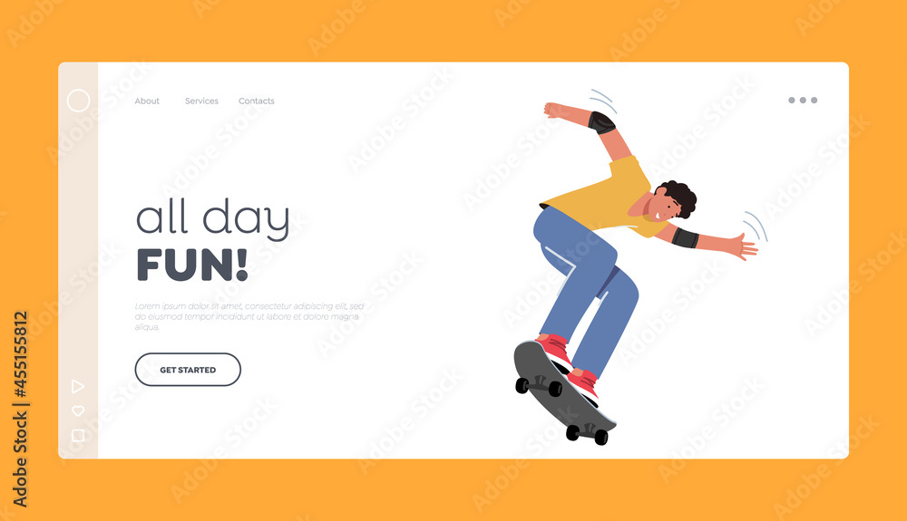 Skateboarding Outdoors Activity Landing Page Template. Young Man Jumping on Skateboard Training Extreme Stunts Skateboarding Outdoors Activity Landing Page Template. Young Man Jumping on Skateboard Training Extreme Stunts
