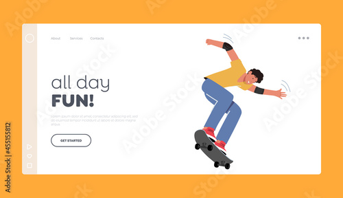 Skateboarding Outdoors Activity Landing Page Template. Young Man Jumping on Skateboard Training Extreme Stunts
