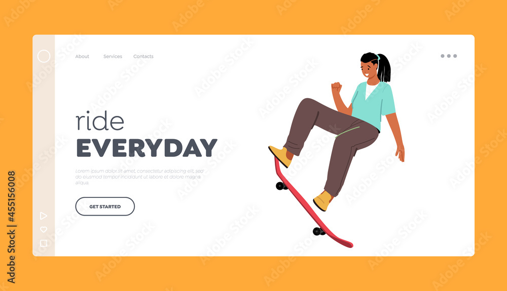 Skateboarding Hobby Landing Page Template. Female Skateboard Character Perform Stunt in Rollerdrome. Teenager Skating Skateboarding Hobby Landing Page Template. Female Skateboard Character Perform Stunt in Rollerdrome. Teenager Skating