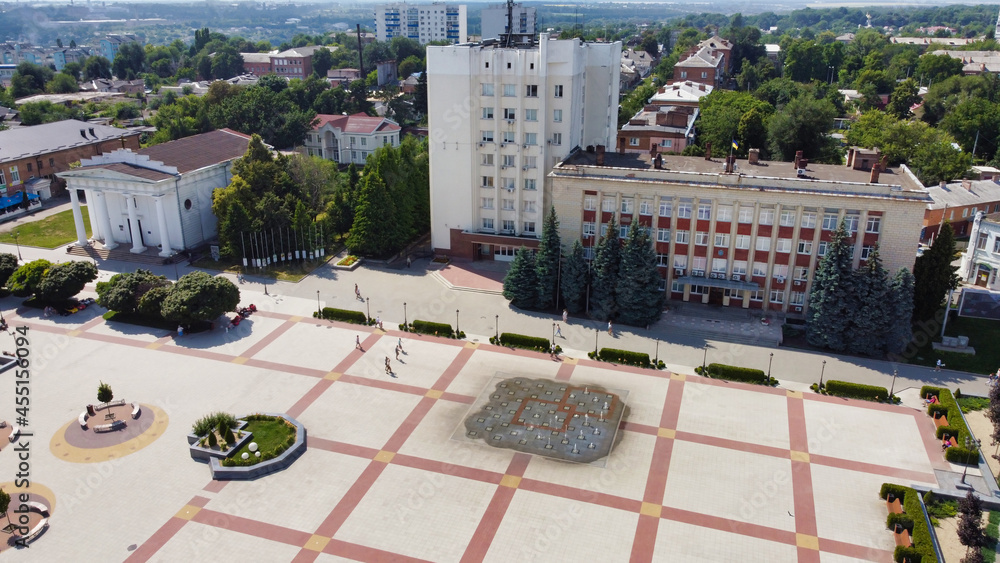 View of the central square, local government buildings and Uman Art Museum. Ukraine. Europe