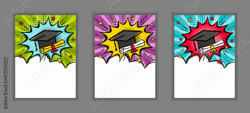 Bright pop art banner for Graduation with cap, scroll and stars. Cartoon text frame on a ray background. Comic educate Template for web design, banners, cards, coupons and posters. Vector illustration