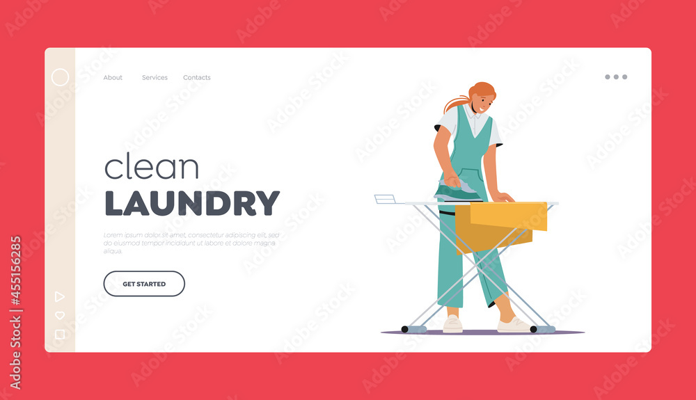 Girl Ironing Clean Clothes in Laundry Landing Page Template. Housewife or Maid Work in Laundrette. Employee Working