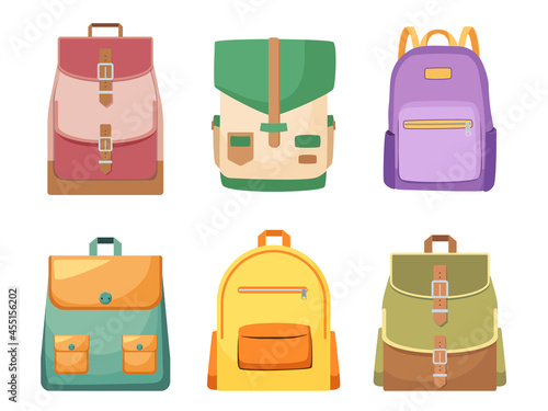 Set of Rucksacks, Backpacks and Schoolbags for Kids. Modern Student School Bags of Bright Colors, Knapsacks with Slings