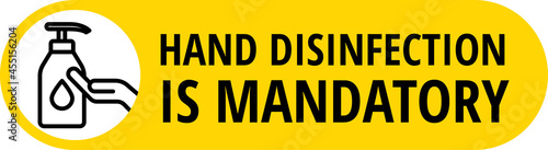 Hand disinfectant sign with bottle and hands