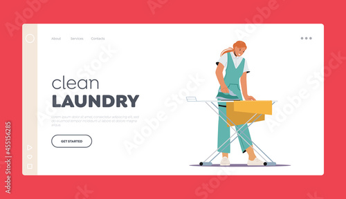 Girl Ironing Clean Clothes in Laundry Landing Page Template. Housewife or Maid Work in Laundrette. Employee Working