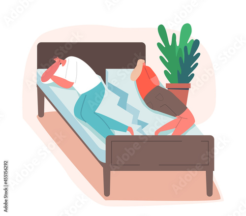 Spouse Trouble, Quarrel Concept. Offended Married Couple Lying Back to Back on Broken Bed Feeling Bad cos of Arguing