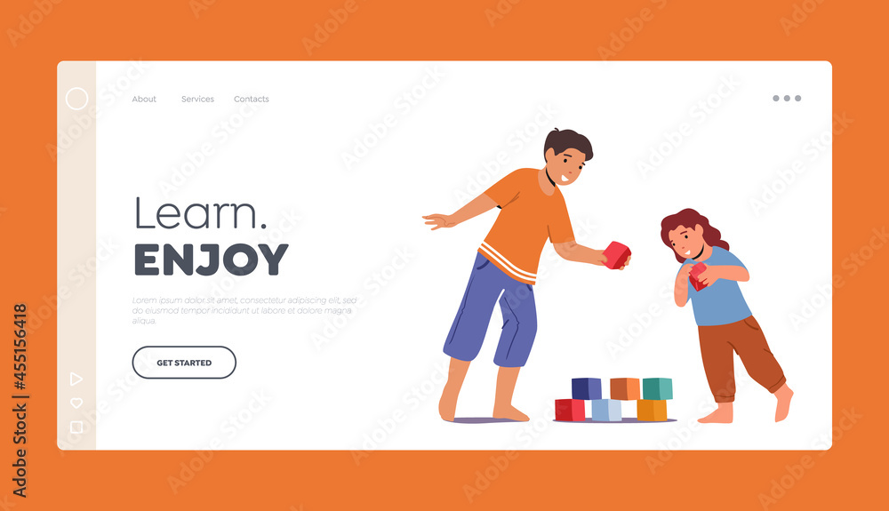 Kids Playing Landing Page Template. Little Boy and Girl Play with Toys Building Tower of Cubes on Floor. Children Kids Playing Landing Page Template. Little Boy and Girl Play with Toys Building Tower of Cubes on Floor. Children
