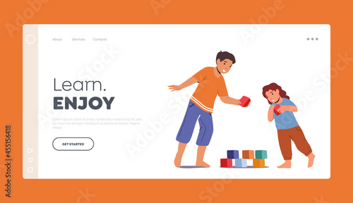 Kids Playing Landing Page Template. Little Boy and Girl Play with Toys Building Tower of Cubes on Floor. Children