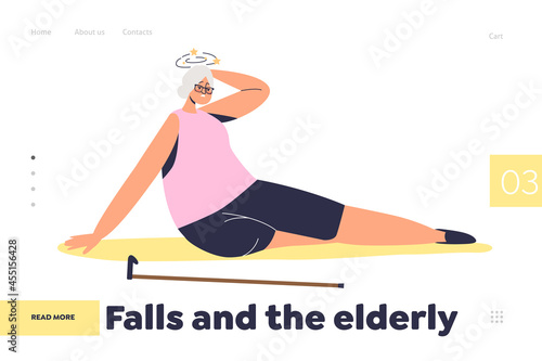 Falls and elderly concept of landing page with senior lady stumble fall down because of dizziness