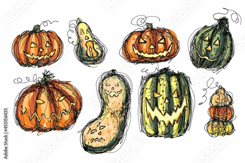 Set of hand drawn pumpkins in a scary cartoonish style. 