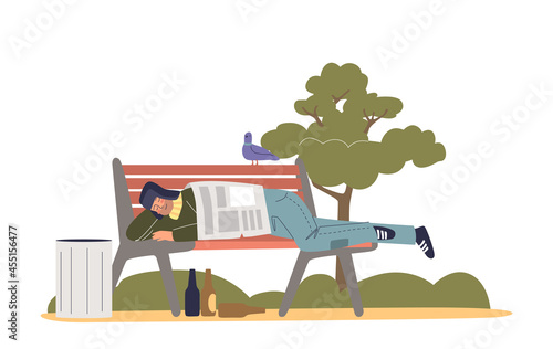 Homeless man tramp sleeping outdoors on bench in park covered with paper. Beggar sleep on street