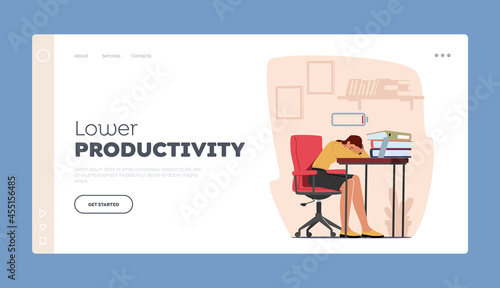 Professional Burnout, Lower Productivity Landing Page Template. Overwork Tiredness Fatigue and Depression Concept