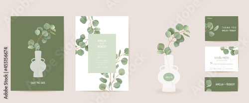 Botanical realistic wedding invitation card template design, tropical leaves greenery frame set