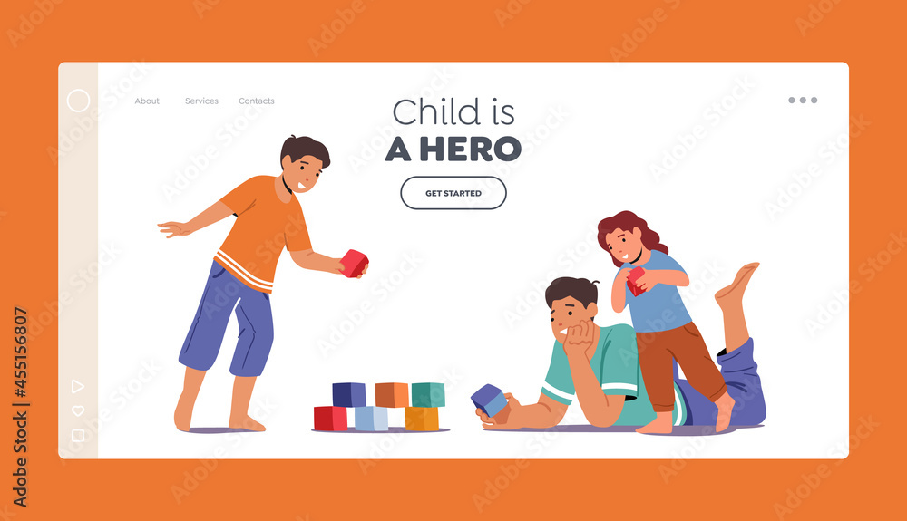 Loving Parent Playing with Kids Landing Page Template. Man with Boy and Girl Gaming Fun. Happy Family Weekend Leisure