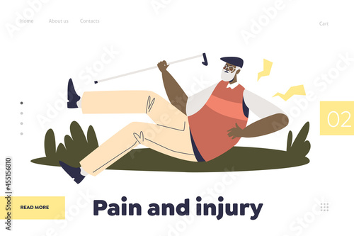 Pain and injury concept of landing page with senior man stumble while walking and fall hurt back