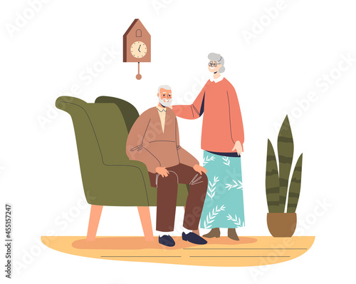Elderly man and woman happy senior married couple at home. Older grandparents family gathering