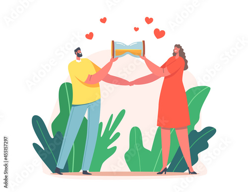 Happy Loving Couple Holding Hourglass, Spend Time Together. Joyful Lovers Sparetime, Dating. Man and Woman in Love